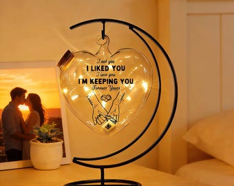 Personalized Couple Night Light, Custom Name Glass Heart Star LED Lamp, Romantic Bedside Keepsake, Anniversary Valentines Gift for Him Her