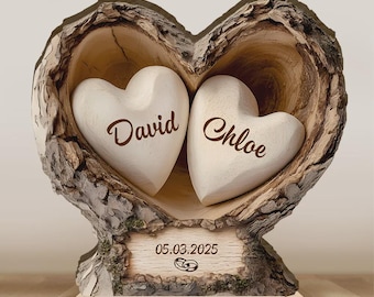 Gepersonaliseerd hart paar naam houten plaquette, boomhart, verjaardagscadeau paar, verloving tafelblad houtdecor, huwelijkscadeau