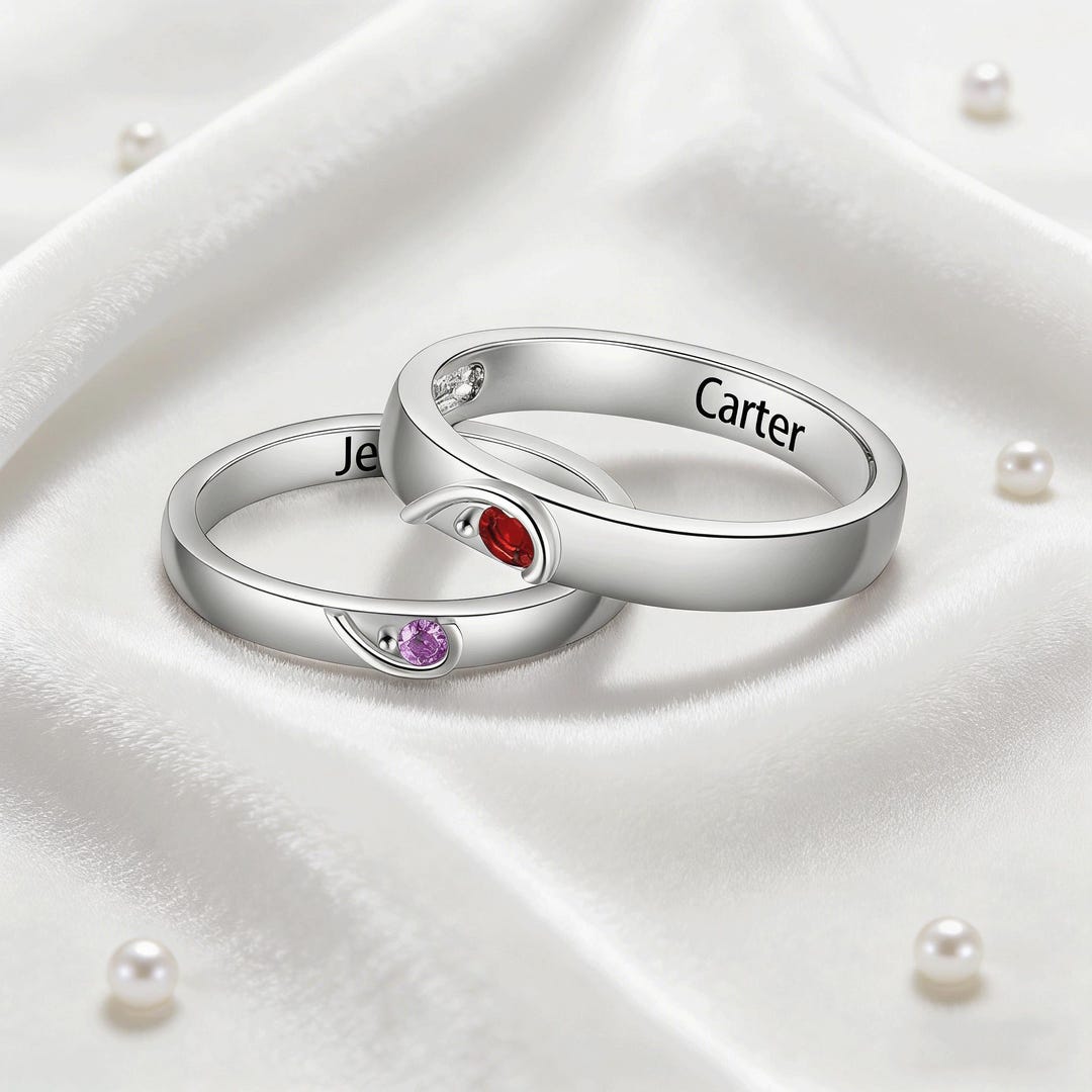 Personalized Couples Birthstone Rings, Custom Name Engraved Promise ...