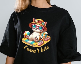 Happy Cat Beach Unisex T-Shirt, Cat Lover Gift, Funny Cat Tee, Beach Vacation Shirt, Summer Graphic Tee