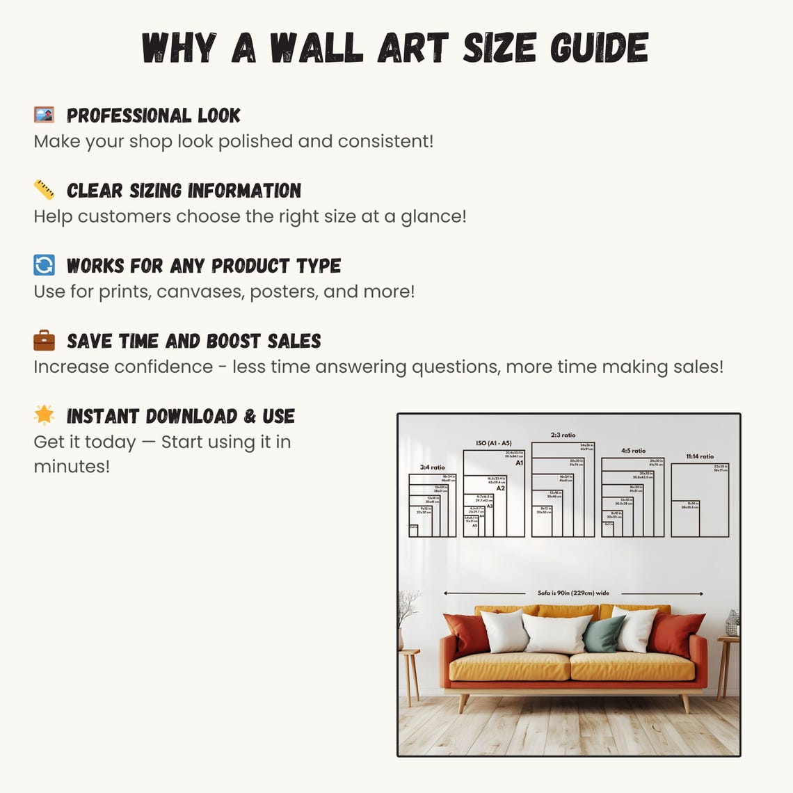 Frame Size Guide, Editable Wall Art Size Chart, Poster Size Guide, Art ...