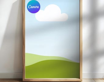 May include: A framed illustration of a simple landscape with a single white cloud against a light blue sky and green hills in the foreground. The word "Canva" is in a circle in the top left corner.
