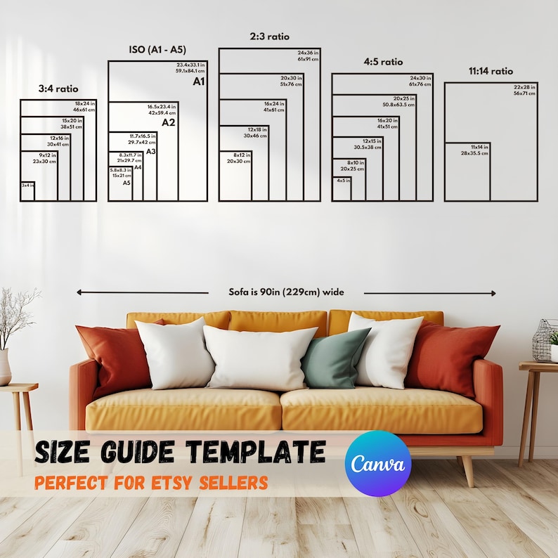 Frame Size Guide, Editable Wall Art Size Chart, Poster Size Guide, Art Ratio Comparison, Canva Template for Prints image 1