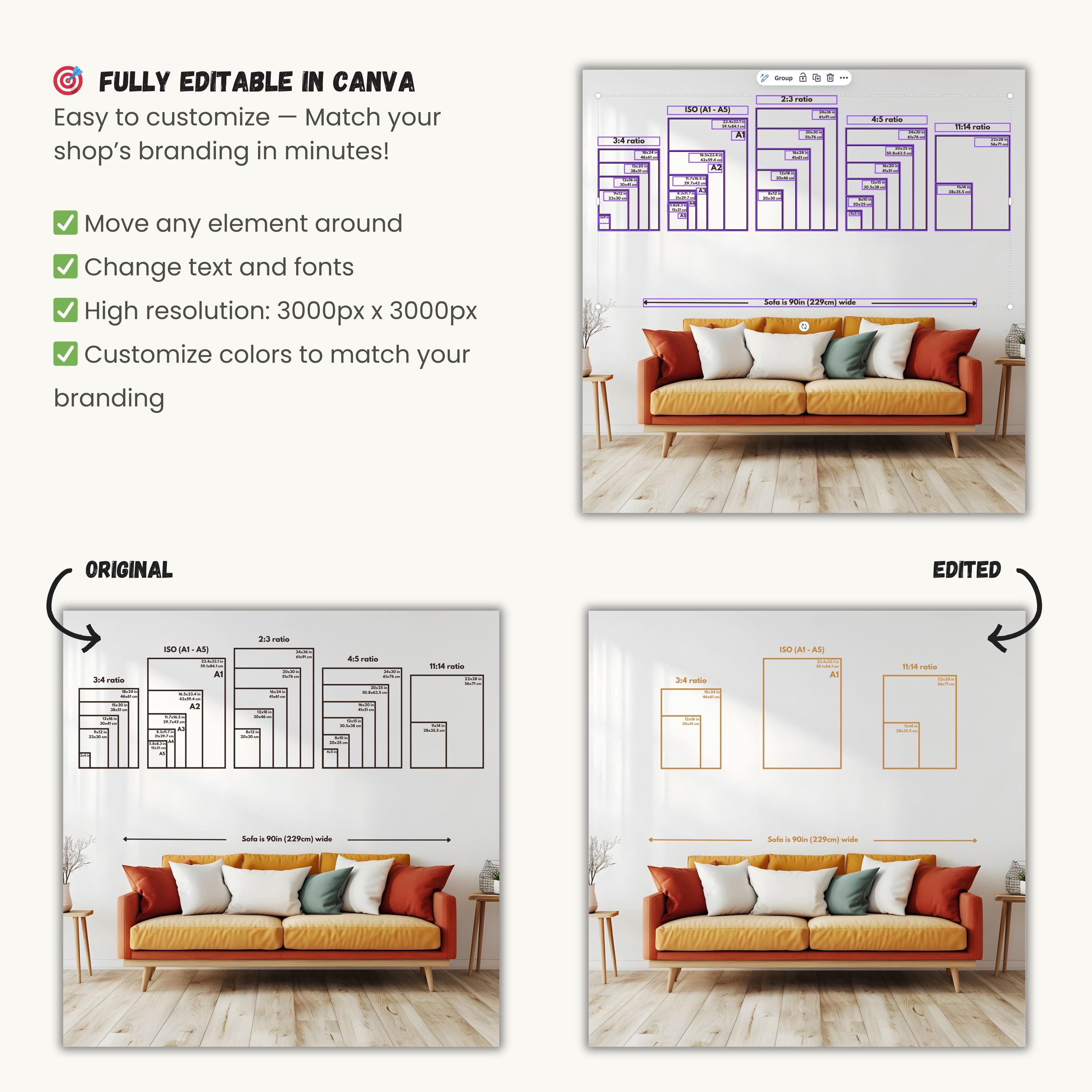 Frame Size Guide, Editable Wall Art Size Chart, Poster Size Guide, Art ...