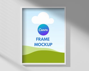 May include: White frame mockup with a blue sky, a white cloud, and green hills. The text "Canva" is in a blue circle with a purple gradient. The text "FRAME MOCKUP" is in black.