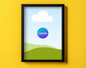 May include: A framed illustration of a green grassy hill with a white cloud and a blue circle with the word "Canva" in white text.
