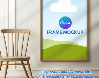 May include: A wooden frame mockup with a light blue background, a white cloud, and green hills. The text "Canva FRAME MOCKUP" is displayed on the frame.