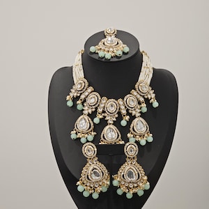 Conjunto Kundan Choker: Colar Polki Indiano, Brincos e Tikka