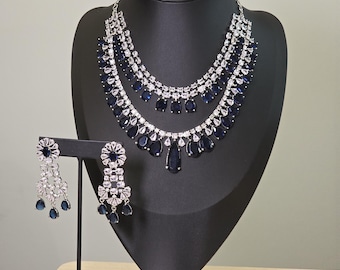 American Diamond Blue Choker Necklace & Earrings | Bridal Statement Jewelry