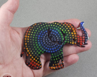 Enameled Copper Rainbow Dots Elephant, Trunk Up Enamel Copper Elephant Pendant, Rainbow Elephant Handsawed Copper Component