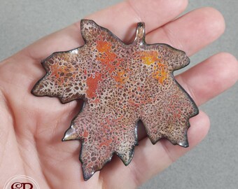 Enamel Copper Leaf Pendant, Crackle Enamel Tree Leaf Pendant, Enamel Leaf, Enameled Copper Pendant