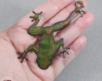 Enameled Copper Frog Pendant, Green/Orange/Red Crackle Enamel Tree Frog Pendant, Enameled Copper Pendant, Enamel Frog