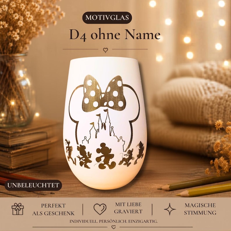 Romantic candle holder with Mickey Mouse silhouette – Individually engraved – Gift for adults, Romantic Candle Gift, Holiday Decor D4 ohne Name