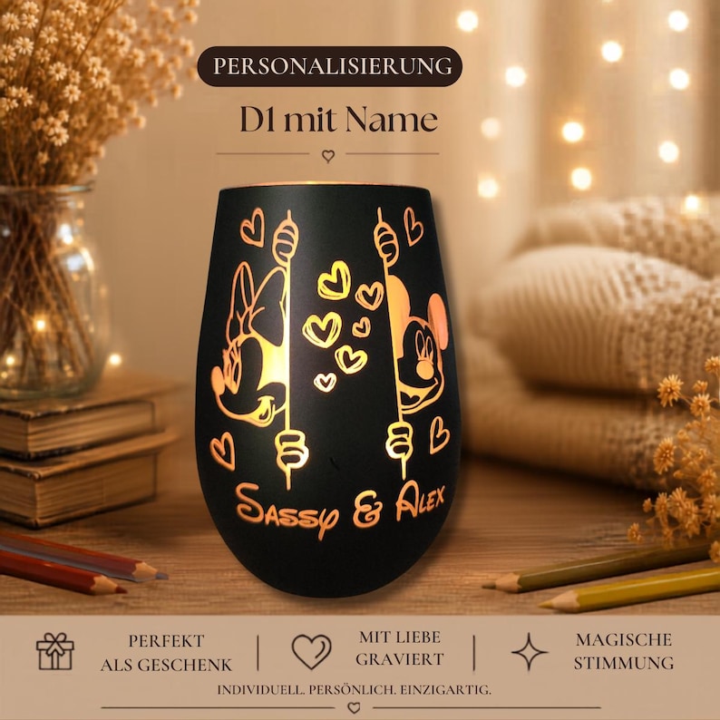Romantic candle holder with Mickey Mouse silhouette – Individually engraved – Gift for adults, Romantic Candle Gift, Holiday Decor D1 mit Name