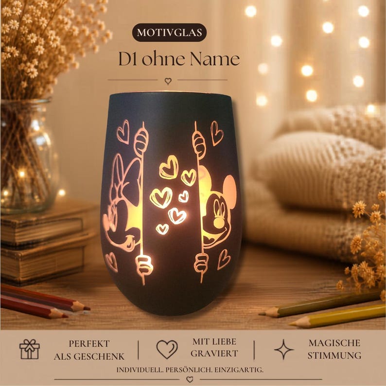 Romantic candle holder with Mickey Mouse silhouette – Individually engraved – Gift for adults, Romantic Candle Gift, Holiday Decor D1 ohne Name