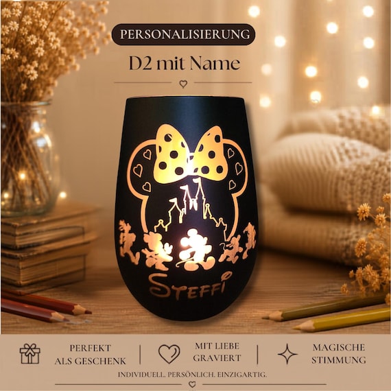 Romantisches Windlicht mit Mickey Mouse Silhouette – Individuell graviert– Geschenk für Erwachsene, Romantic Candle Gift, Holiday Decor