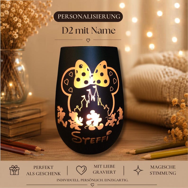 Romantic candle holder with Mickey Mouse silhouette – Individually engraved – Gift for adults, Romantic Candle Gift, Holiday Decor D2 mit Name