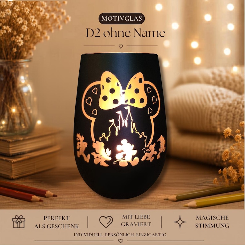 Romantic candle holder with Mickey Mouse silhouette – Individually engraved – Gift for adults, Romantic Candle Gift, Holiday Decor D2 ohne Name