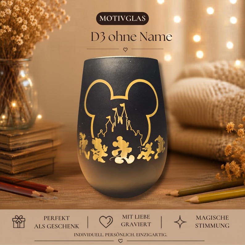 Romantic candle holder with Mickey Mouse silhouette – Individually engraved – Gift for adults, Romantic Candle Gift, Holiday Decor D3 ohne Name