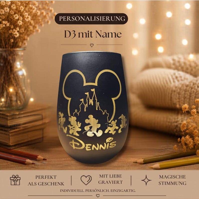 Romantic candle holder with Mickey Mouse silhouette – Individually engraved – Gift for adults, Romantic Candle Gift, Holiday Decor D3 mit Name