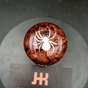 May include: A round, polished wooden knob featuring a dark brown, swirling wood grain pattern with a white spider graphic centered on the top surface. Below the knob, a black label displays the text JACKKNOBZ in a light-colored, blocky font.