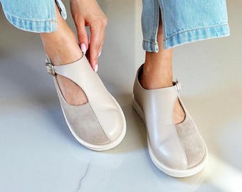 T-Strap Leather Loafers Suede Flats | Wide Toe Box Mary Jane Shoes | Anatomical Custom Footwear | Handmade Women Dress Shoes Any Colors