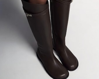 Wide Toe Box Brown Leather Boots | Barefoot Style Knee High Boots | Custom Anatomical Wide Calf Boots | Winter Autumn Shoes