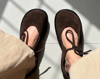 Brown Suede Lace Up Mary Janes | Wide Toe Box Shoes Women | Anatomical Barefoot Style | Minimalist Earth Tone Flats | Custom Any Color