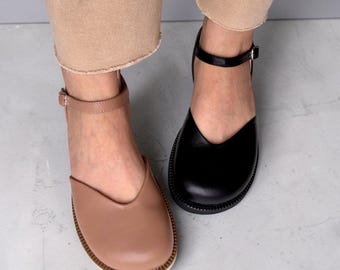 Square Toe Leather Mary Janes | Custom Wide Toe Box Shoes Women | Anatomical Barefoot Style Ballet Flats | Handmade Closed-Toe Flat Sandals