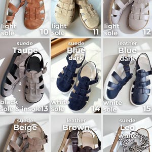 May include: A collection of sandals in various colors and materials. Styles include suede and leather options in auburn, sand, beige, taupe, blue, and brown. Some feature decorative stitching or animal print.