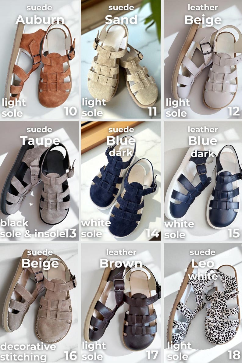 May include: A collection of sandals in various colors and materials. Styles include suede and leather options in auburn, sand, beige, taupe, blue, and brown. Some feature decorative stitching or animal print.