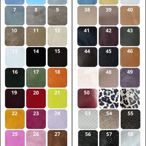 May include: A color chart displaying numbered swatches of suede and leather materials. The suede section includes 31 options in various solid colors and patterns, while the leather section features 33 options, including solid colors and animal prints.