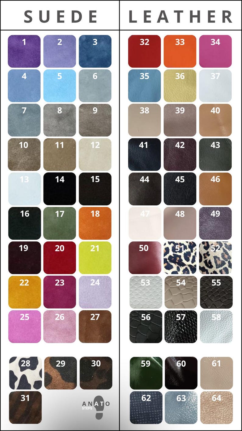 May include: A color chart displaying numbered swatches of suede and leather materials. The suede section includes 31 options in various solid colors and patterns, while the leather section features 33 options, including solid colors and animal prints.