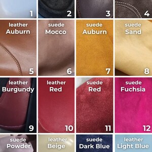 May include: A color palette featuring sixteen swatches of leather and suede in various colors. Colors include white, black, brown, auburn, mocco, sand, burgundy, red, fuchsia, powder, beige, dark blue, and light blue.