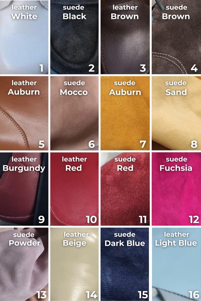 May include: A color palette featuring sixteen swatches of leather and suede in various colors. Colors include white, black, brown, auburn, mocco, sand, burgundy, red, fuchsia, powder, beige, dark blue, and light blue.
