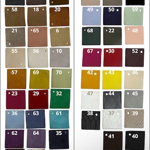 Op de afbeelding: Een kleurenkaart met su&egrave;de en leren stalen, elk genummerd. De stalen tonen een verscheidenheid aan kleuren, waaronder zwart, bruin, blauw, groen en dierenprints. De merknaam "ANATO STEPS" staat onderaan.
