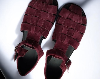 Burgundy suede fisherman sandals | Wide Toe Box shoes women | Anatomical leather barefoot style sandals | handmade custom any color shoes