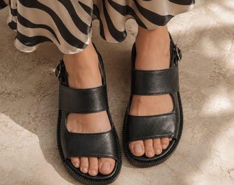Black Leather Hook and Loop Sandals | Wide Toe Box Shoes Women | Anatomical Barefoot Style Footwear | Custom Summer Shoes Any Color