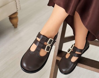 Brown Leather oxfords wide toe box shoes women | barefoot Mary Jane t-strap | women dress shoes | handmade anatomic any color