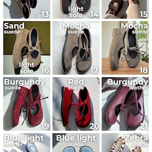 Op de afbeelding: Een collectie damesschoenen in diverse kleuren en materialen, waaronder bruin leer, su&egrave;de in zand, mokka, bordeauxrood en rood, en lichtblauw leer en su&egrave;de. Ook zebraprint su&egrave;de schoenen. Elke paar heeft een striksluiting.