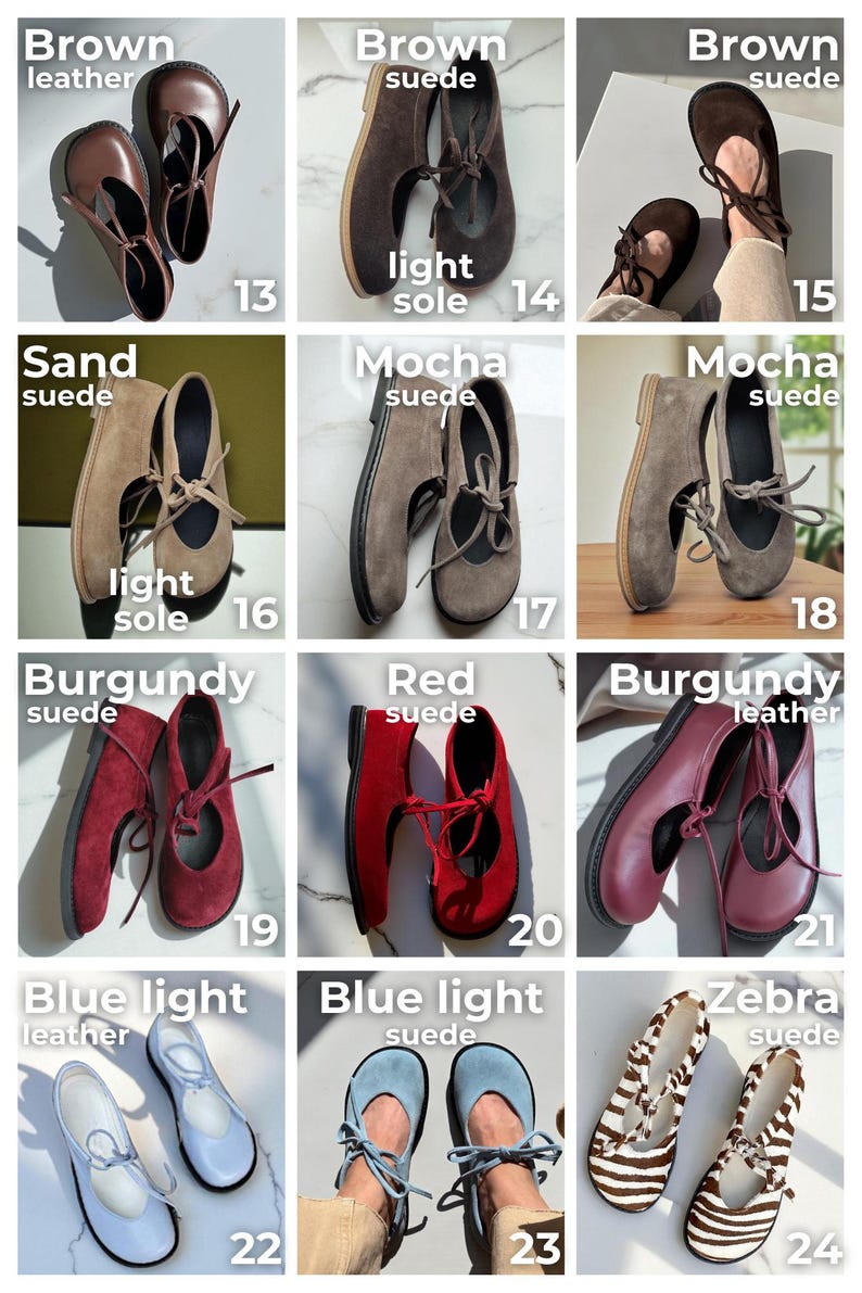 Op de afbeelding: Een collectie damesschoenen in diverse kleuren en materialen, waaronder bruin leer, su&egrave;de in zand, mokka, bordeauxrood en rood, en lichtblauw leer en su&egrave;de. Ook zebraprint su&egrave;de schoenen. Elke paar heeft een striksluiting.