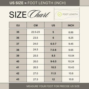 May include: A shoe size chart with EU, CM, US, and inch measurements. The chart includes foot length conversions, with US size 5 corresponding to 8.86 inches and EU size 35 corresponding to 22.5-23 cm.