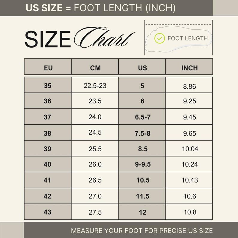 May include: A shoe size chart with EU, CM, US, and inch measurements. The chart includes foot length conversions, with US size 5 corresponding to 8.86 inches and EU size 35 corresponding to 22.5-23 cm.