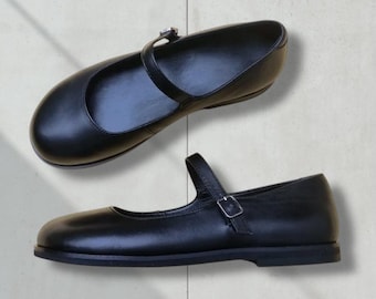 Barfuß Ballerinas Mary Janes breite Kappe Box Schuhe | schwarze Damen Trachtenschuhe | Mary Janes Schuh aus echtem Leder
