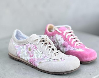 Floral Mesh Leather Sneakers | Custom Barefoot Style Trainers | Women's Comfortable Wide Toe Box Shoes | Summer Suede Lace Up Shoes for Her