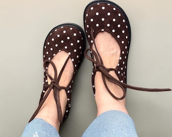 Brown suede Polka Dot Lace-up Mary Janes | Wide Toe Box Shoes Women | Vintage Ballet Flats | Anatomical Barefoot Style Handmade Custom Shoes