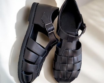 Black leather fisherman sandals Wide Toe Box shoes women | barefoot style sandals women | handmade custom any color shoes