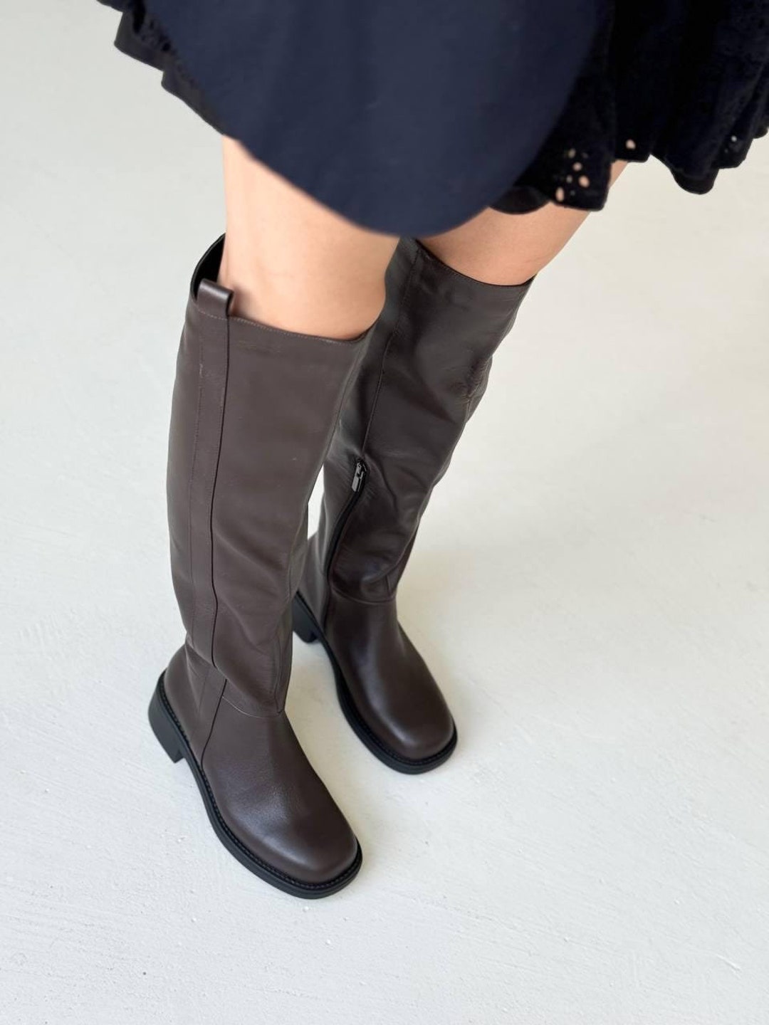 Brown High Suede Over the Knee Zip up Low Heel Boots | Women Leather ...