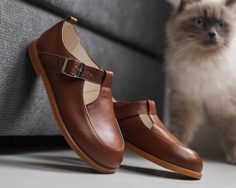 Cognac Brown Mary Janes T-strap Wide Toe Box Shoes Women | Leather Barefoot Style Loafers | Handmade Anatomical Shoes Any Color