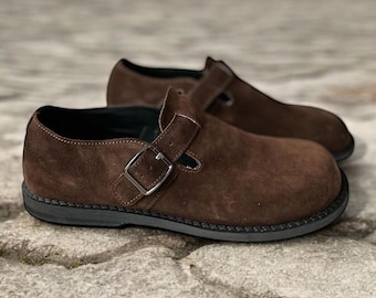 Chocolate Brown Suede T-Strap Flats | Wide Toe Box Shoes Women | Barefoot Style Loafers | Handmade Anatomical Mary Janes | Custom any color